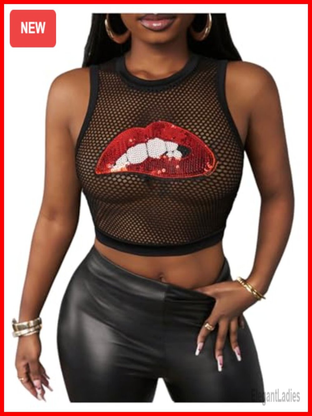 Glitter Sequin Lips Crop Top See Through Fishnet Tank Top